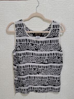 Vintage Bob Mackie Wearible Art Silk Tank, Black & White Floral Stripe Sz M
